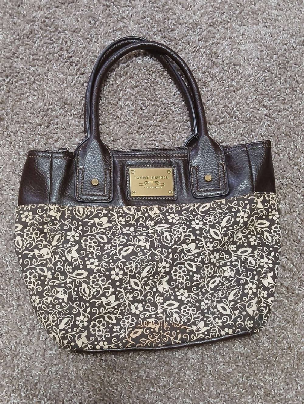 Y2K Tommy Hilfiger Brown and Cream Floral Canvas Tote - Picture 1 of 13